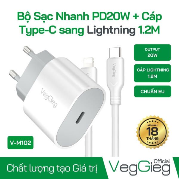 Bộ Sạc Nhanh PD20W + Cáp USB-C sang Lightning cho iPhone 1.2M (Chuẩn EU) - V-M102